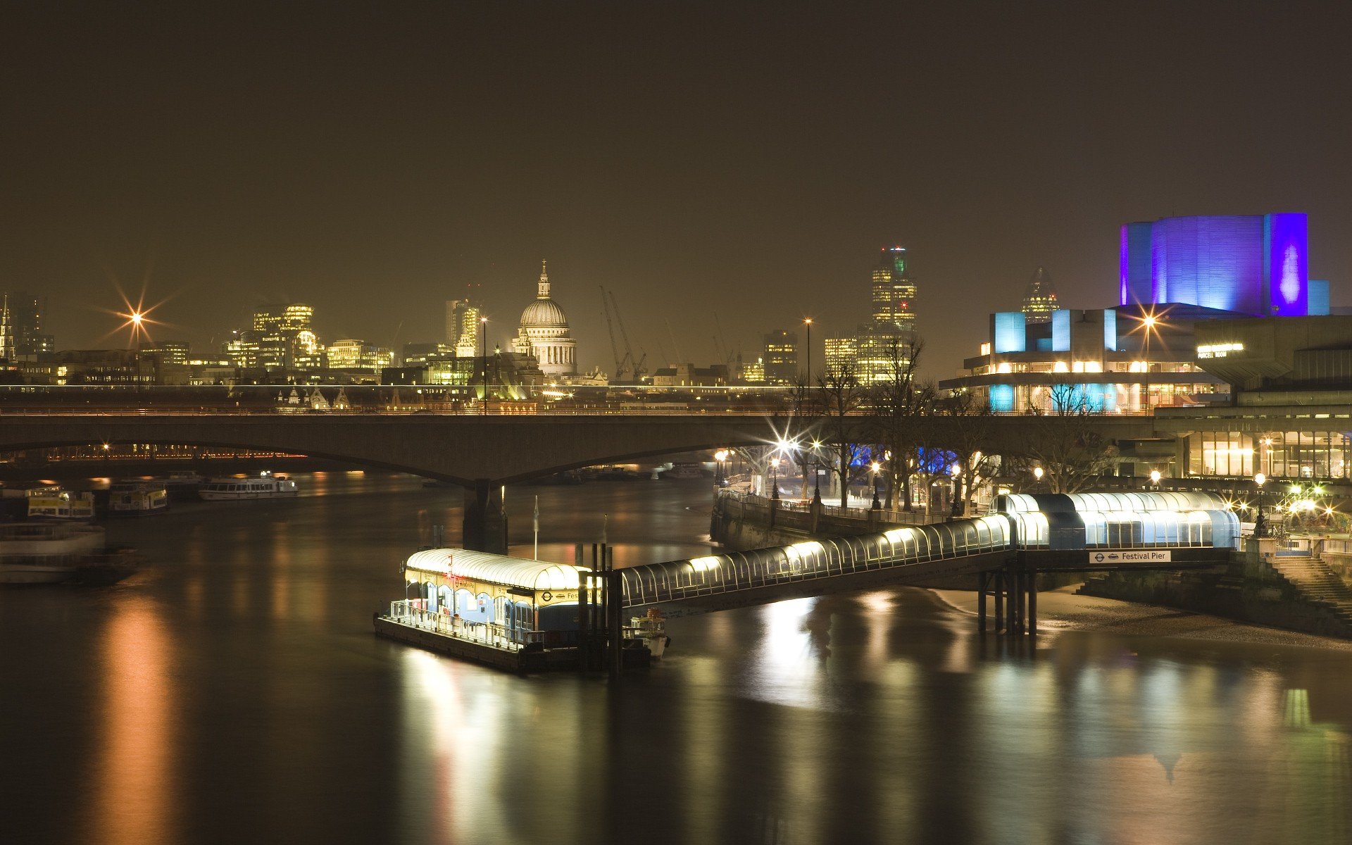 architecture, City, Cityscape, Night, Water, Lights, Reflection, Building, Skyscraper, London, England, UK, Bridge, Pier, Ship, Cathedral, Cranes (machine), 30 St Mary Axe, Modern, Trees, Long exposure Wallpaper
