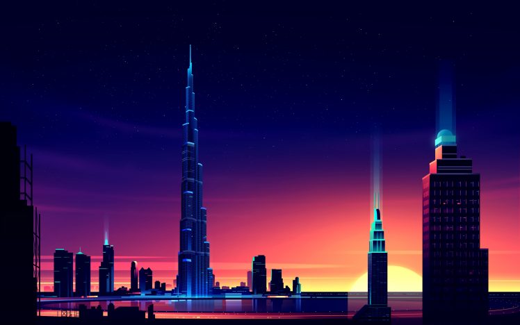 night, Cityscape, Colorful, Dubai, Burj Khalifa HD Wallpaper Desktop Background