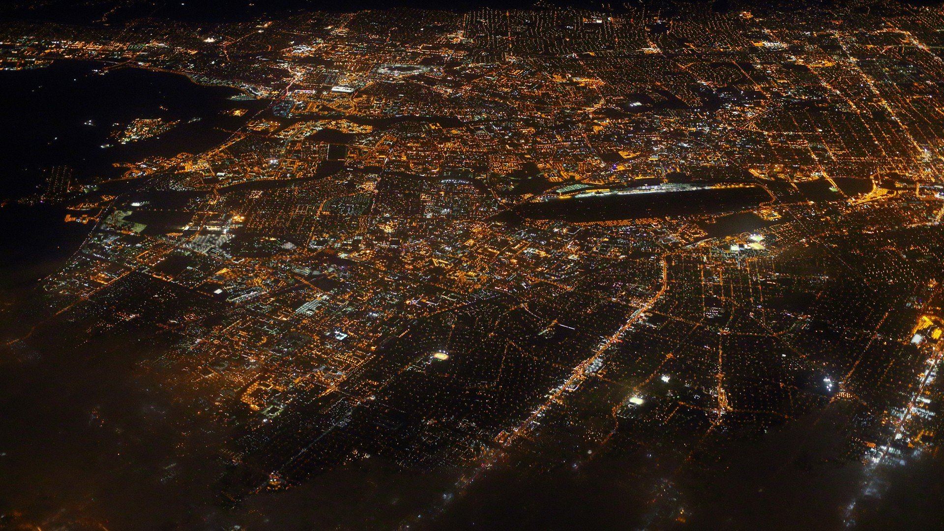 city, Night, Lights, Aerial view Wallpaper