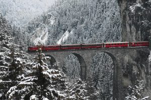 train, Snow, Bridge, Engadin Valley, Swiss Alps