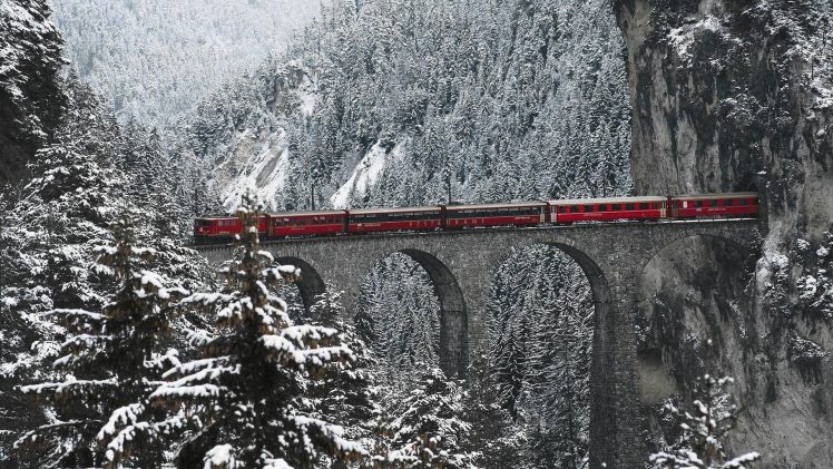 train, Snow, Bridge, Engadin Valley, Swiss Alps HD Wallpaper Desktop Background