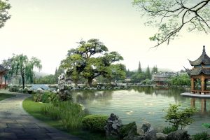 Japan, Pond, Path, Trees