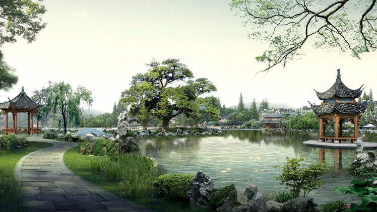 Japan, Pond, Path, Trees HD Wallpaper Desktop Background