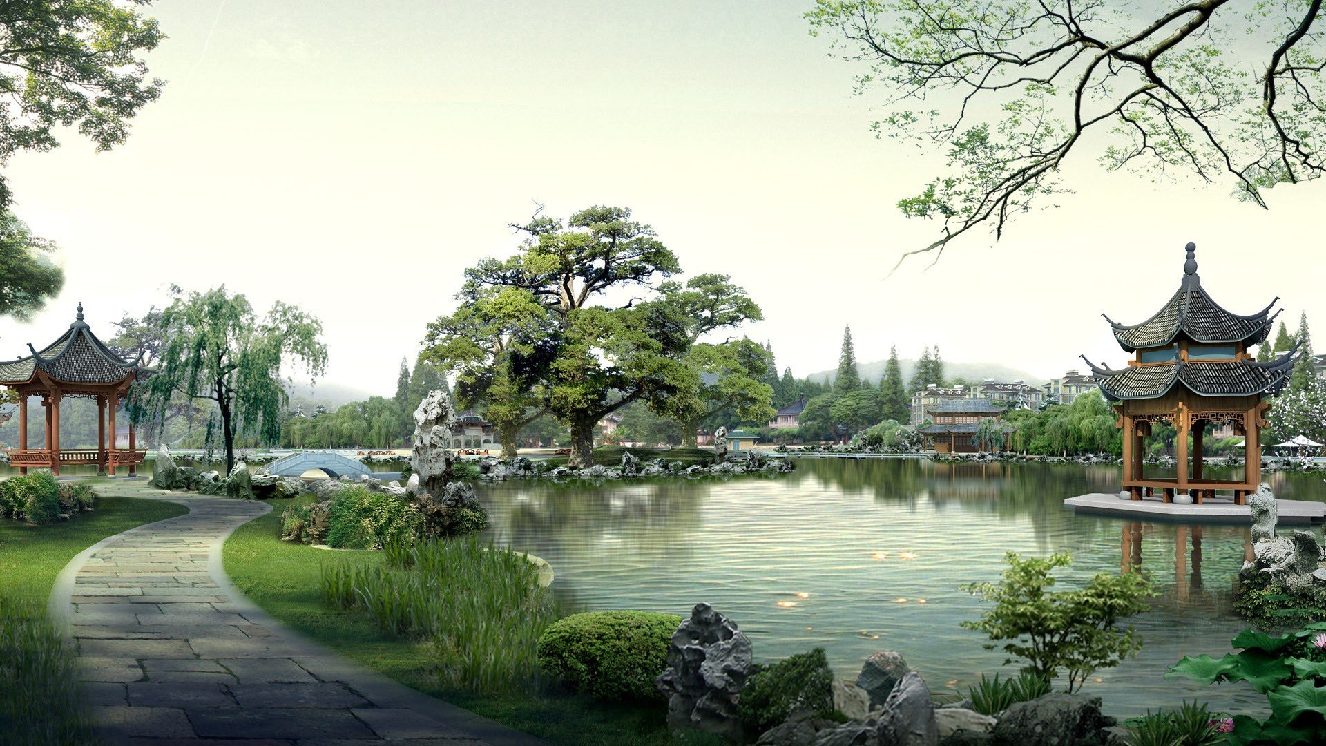 Japan, Pond, Path, Trees Wallpaper