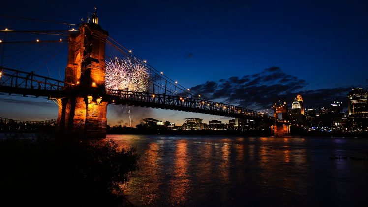 Ohio, Fireworks, Night, Bridge HD Wallpaper Desktop Background