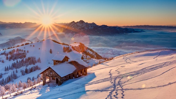 snow, Mountain, Rigi, Cabin, Switzerland HD Wallpaper Desktop Background