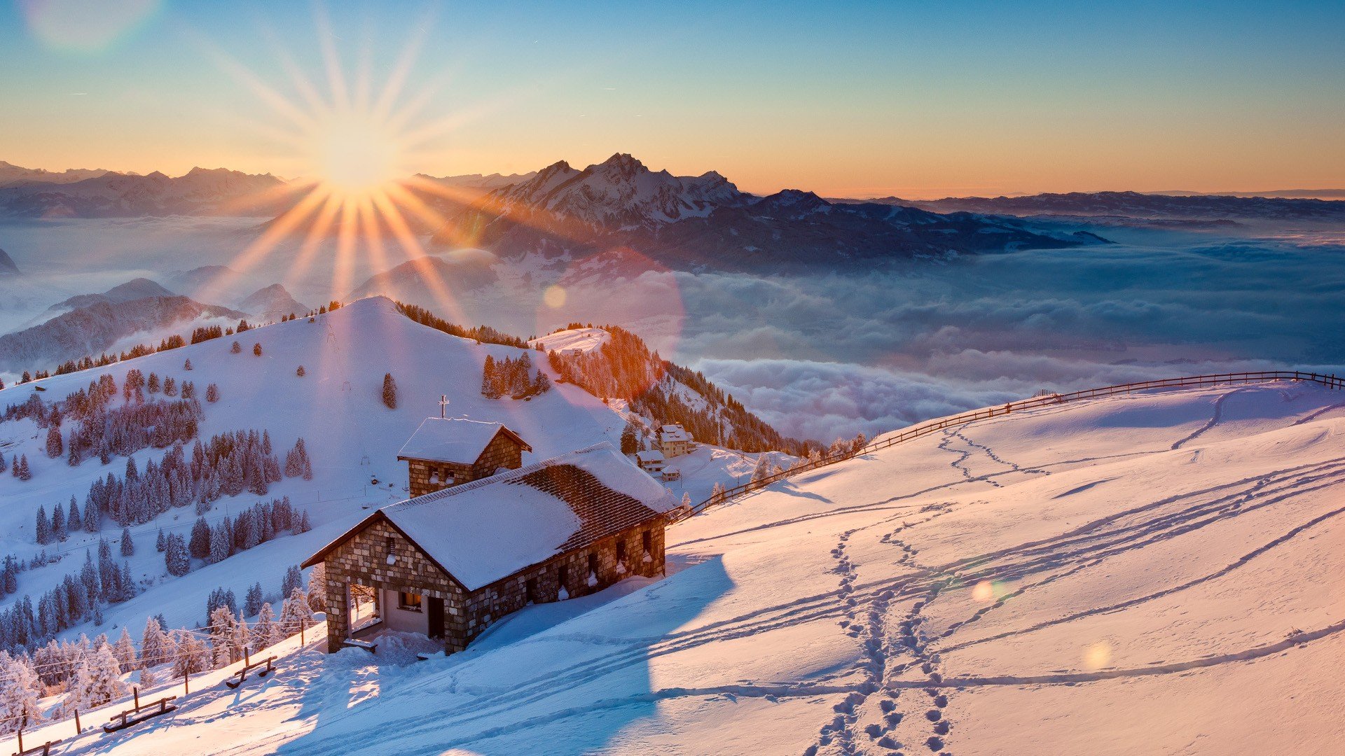 snow, Mountain, Rigi, Cabin, Switzerland Wallpaper