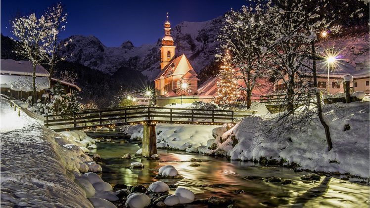 bridge, Germany, Berchtesgaden, Night, Snow HD Wallpaper Desktop Background