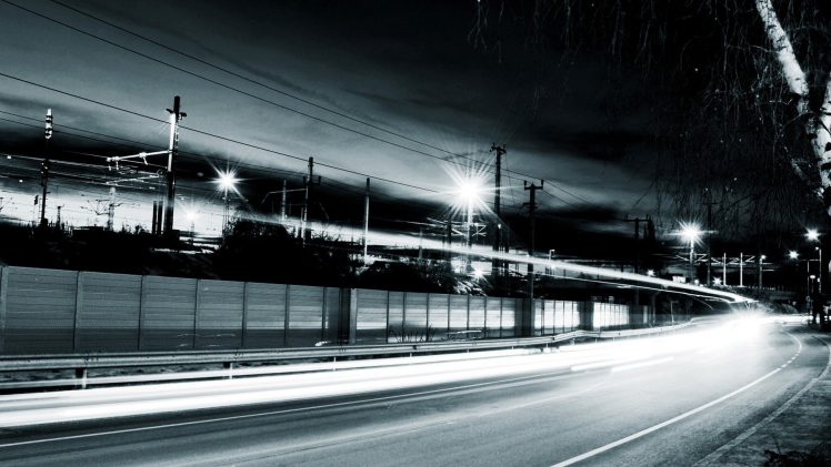 long exposure, Night, Road, Monochrome, Lights HD Wallpaper Desktop Background