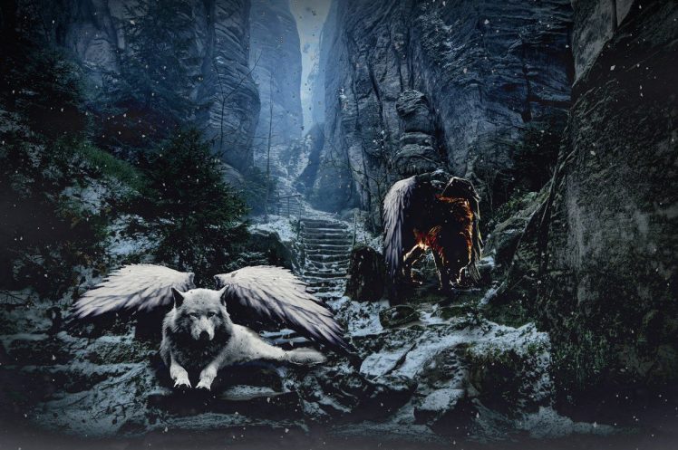 wolf, Snow, Angel, Demon HD Wallpaper Desktop Background