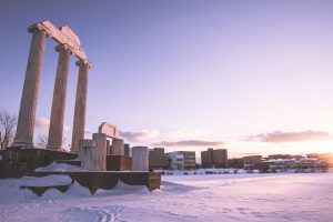 snow, Sunrise, Columns, City