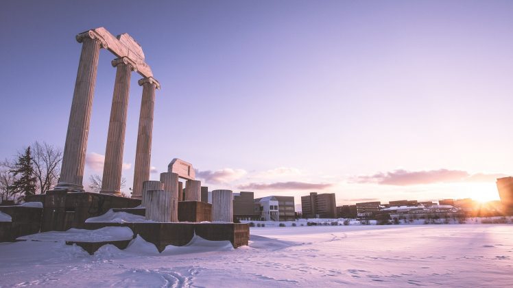 snow, Sunrise, Columns, City HD Wallpaper Desktop Background
