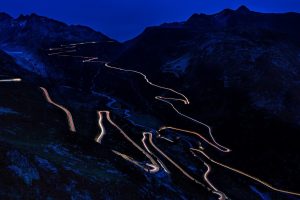 Switzerland, Mountain, Night, Long exposure, Hairpin turns, Road