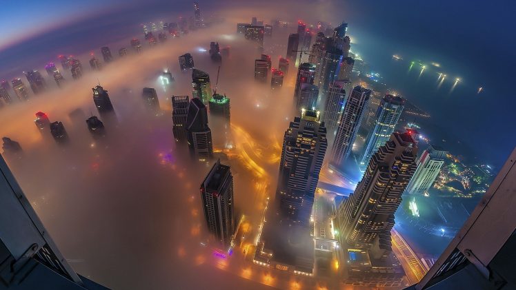 aerial view, Dubai, Night, Smog, Mist, Cityscape, Skyscraper, Cranes (machine), Sandstorms, City HD Wallpaper Desktop Background