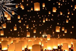 night, People, Crowds, Floating, Lantern, Lantern Festival, Candles, Thailand, Fireworks, House