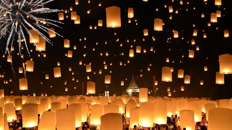night, People, Crowds, Floating, Lantern, Lantern Festival, Candles, Thailand, Fireworks, House HD Wallpaper Desktop Background