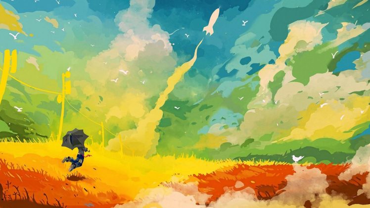 painting, Jumping, Umbrella, Rockets, Colorful HD Wallpaper Desktop Background