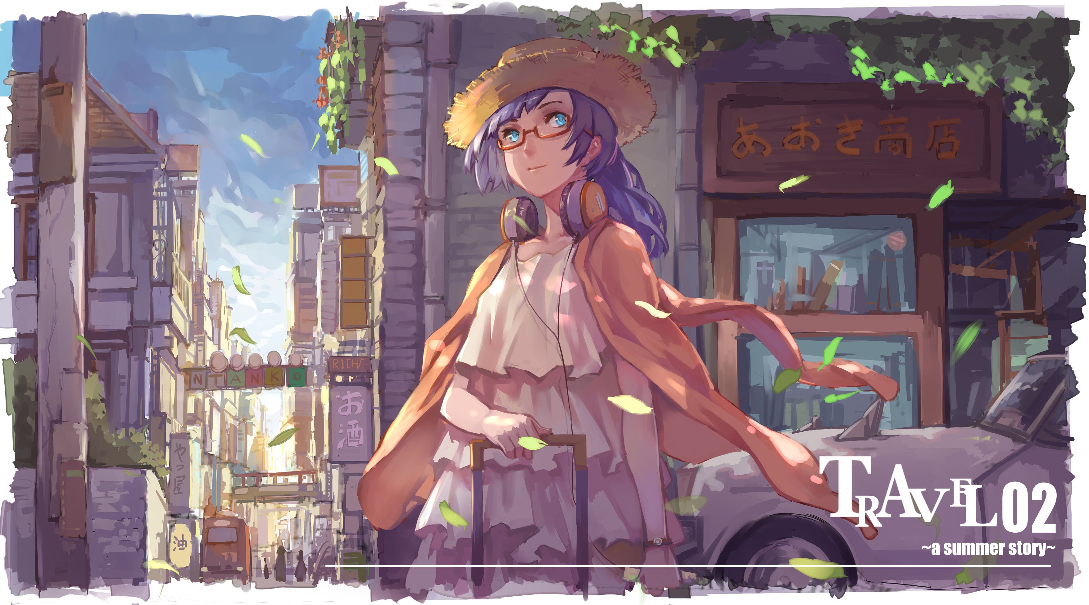city, Purple hair, Glasses, Original characters Wallpaper