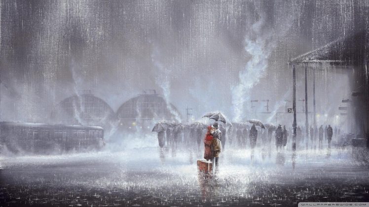 painting, Rain, Train station, Kissing HD Wallpaper Desktop Background