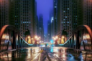 city, Cityscape, Architecture, Night, Lights, Street light, Building, Chicago, USA, Skyscraper, Wet, Mist, Bridge, Metal, Window