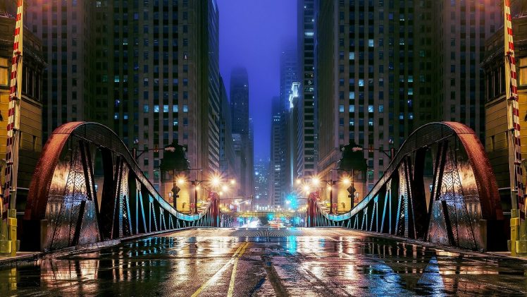 city, Cityscape, Architecture, Night, Lights, Street light, Building, Chicago, USA, Skyscraper, Wet, Mist, Bridge, Metal, Window HD Wallpaper Desktop Background