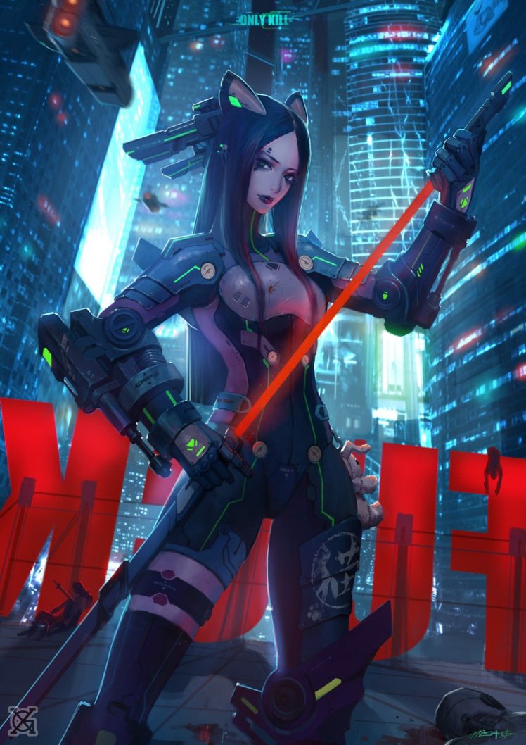 anime girls, Cyberpunk, Sword HD Wallpaper Desktop Background