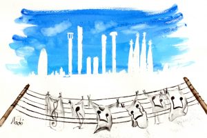 watercolor, Musical notes, City, Laundry