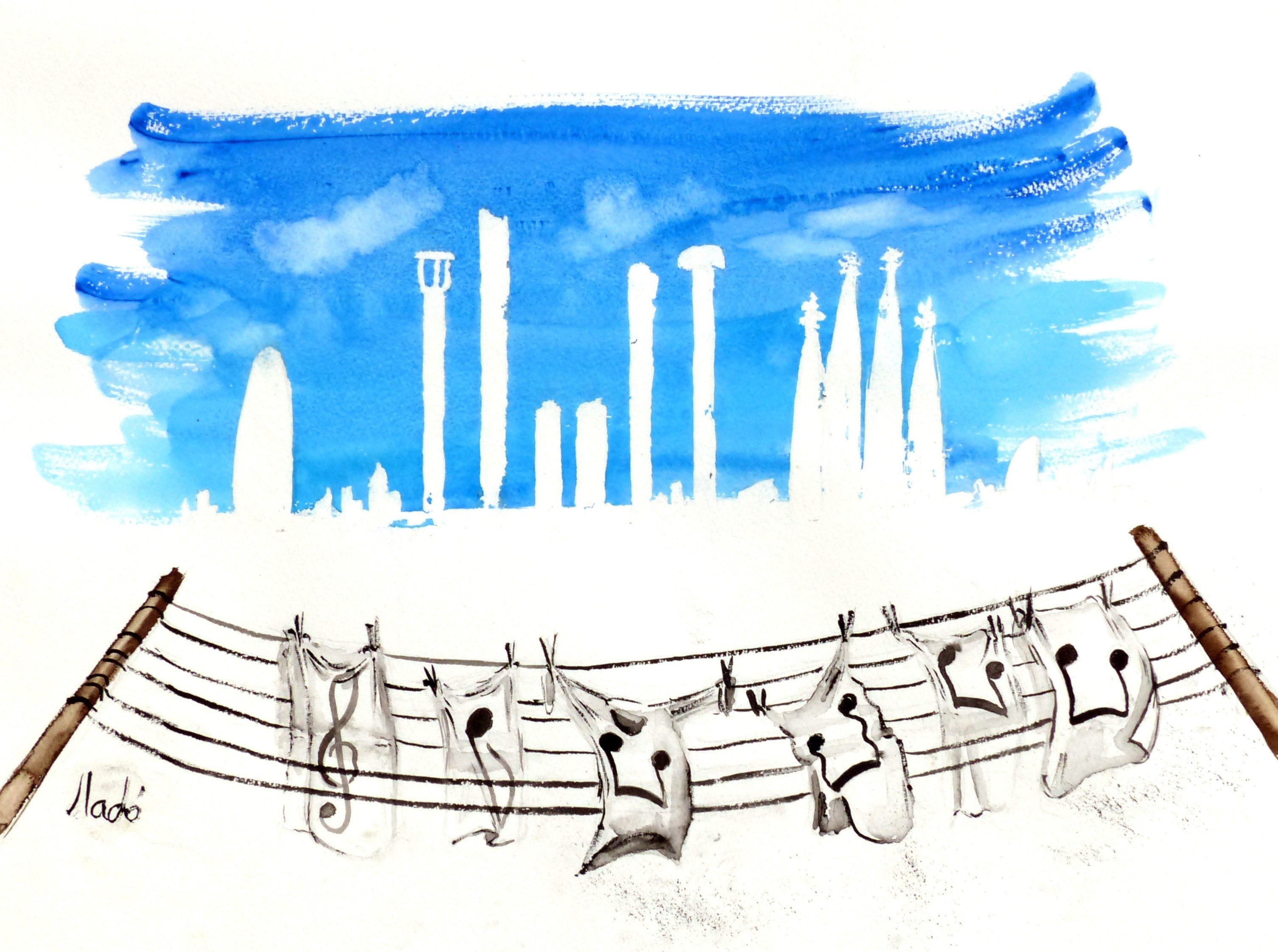 watercolor, Musical notes, City, Laundry Wallpaper