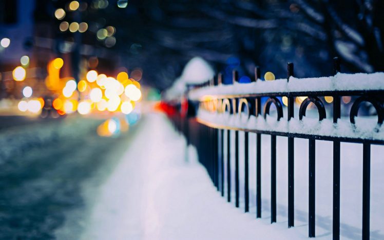 urban, Snow, Street, Fence, Bokeh HD Wallpaper Desktop Background