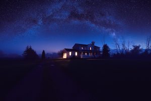 house, Night, Star trails