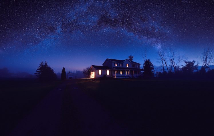 house, Night, Star trails HD Wallpaper Desktop Background