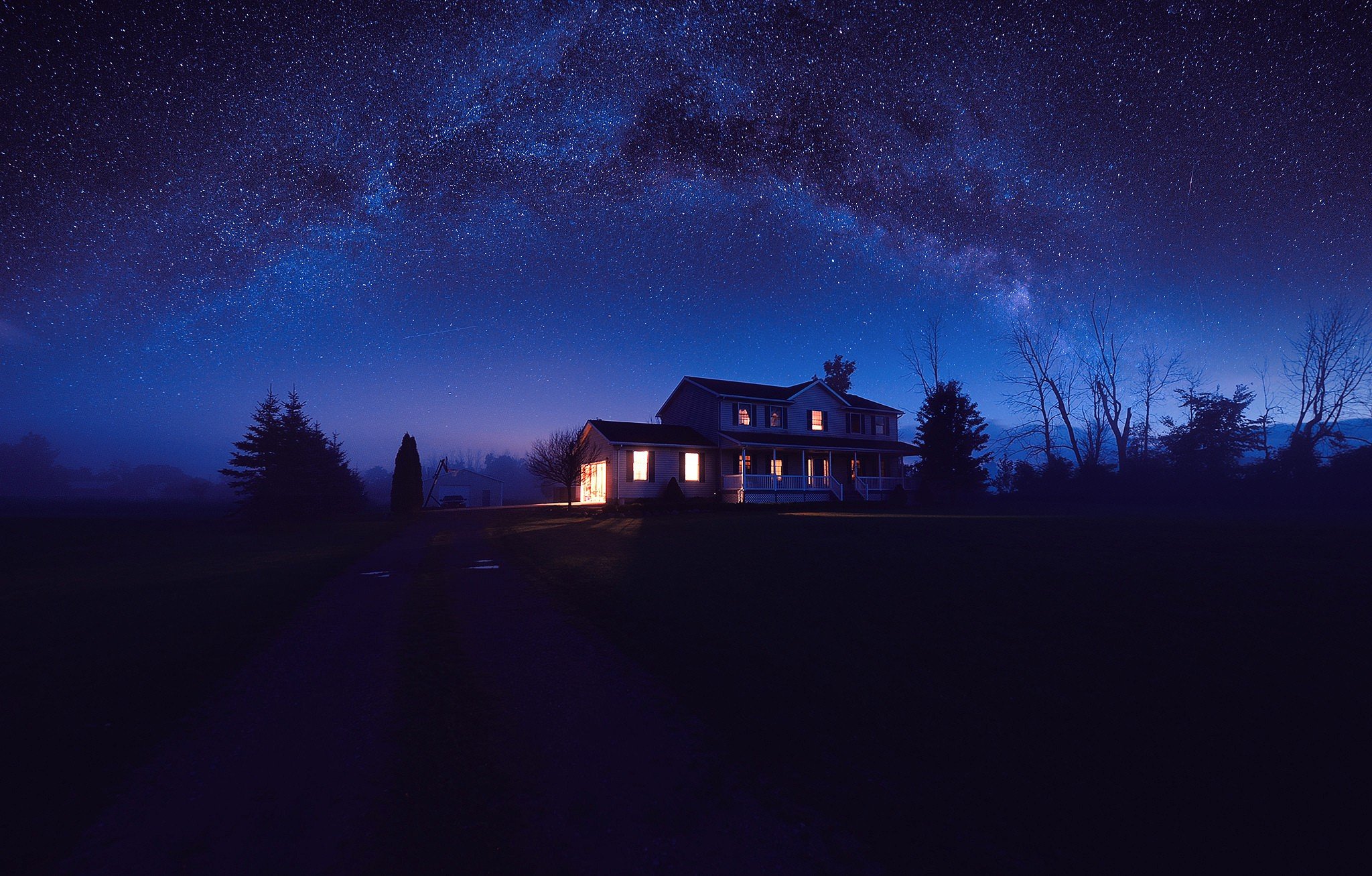 house, Night, Star trails Wallpaper