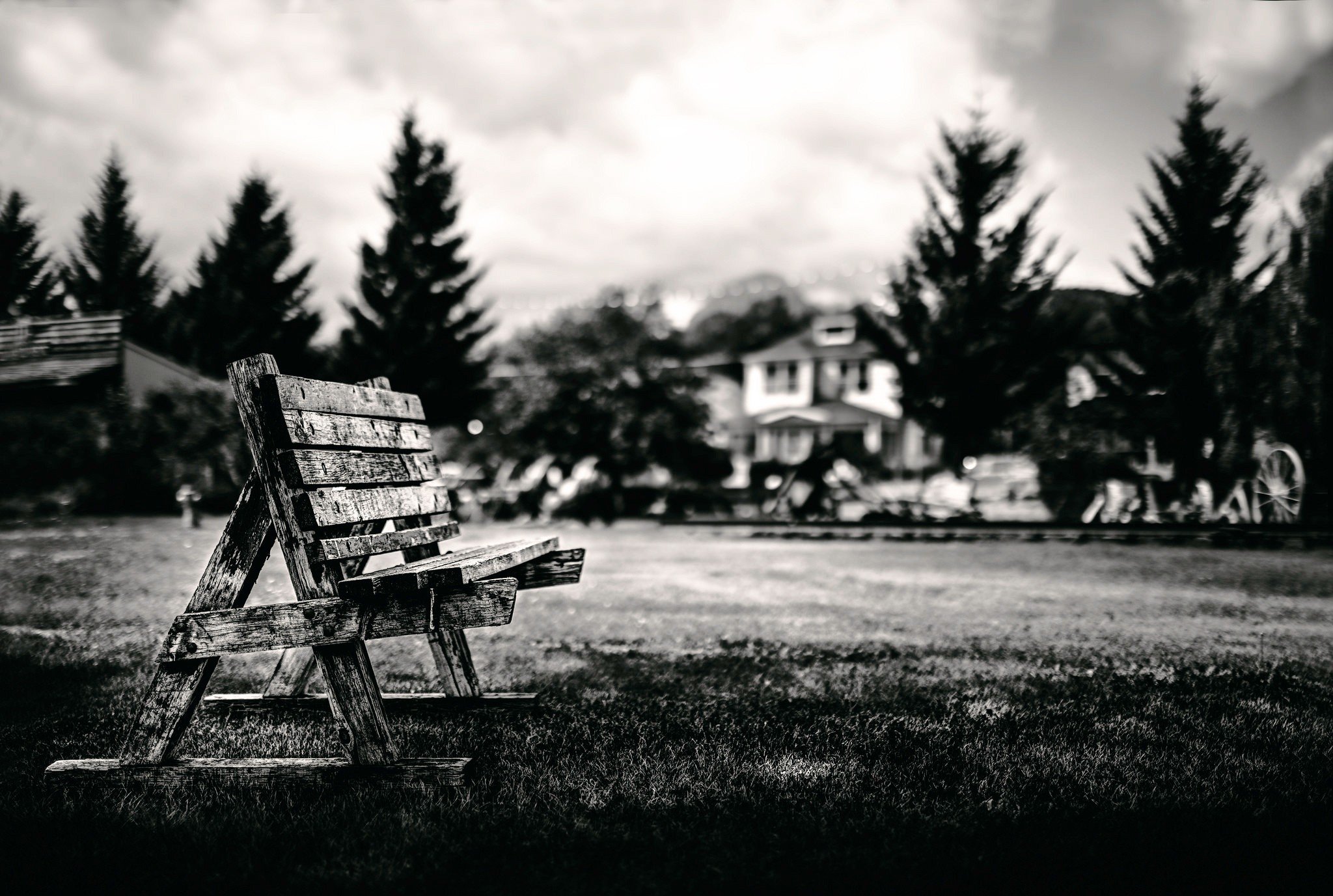 bench, Monochrome, House Wallpaper