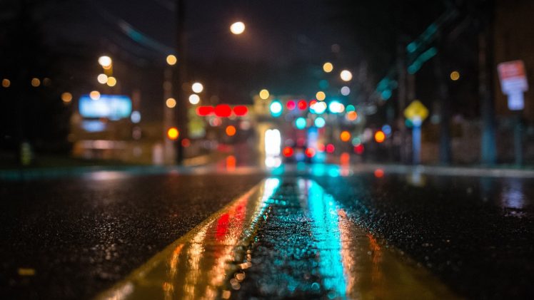 street, Urban, Lights, Wet, Blurred, Reflection HD Wallpaper Desktop Background