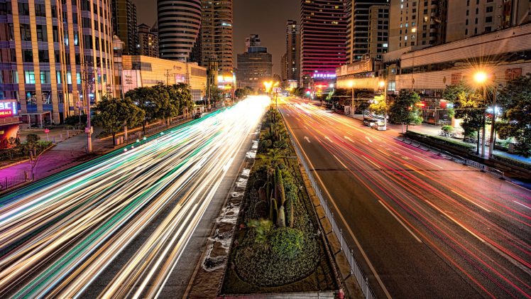 urban, Shanghai, Street, Lights, Long exposure, Road, HDR HD Wallpaper Desktop Background