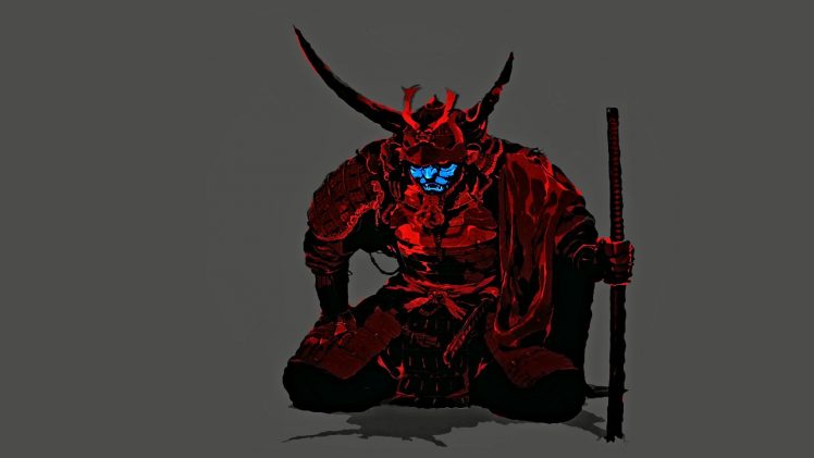 samurai, Red, Blue, Mask, Minimalism HD Wallpaper Desktop Background