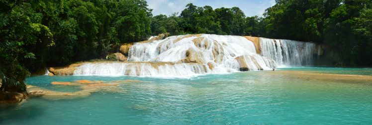 agua azul,  waterfall, Chiapas, Mexico, Panorama HD Wallpaper Desktop Background