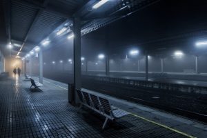 urban, Train station, Lights, Railway, People, Bench, Blue, Mist, Spain, Night