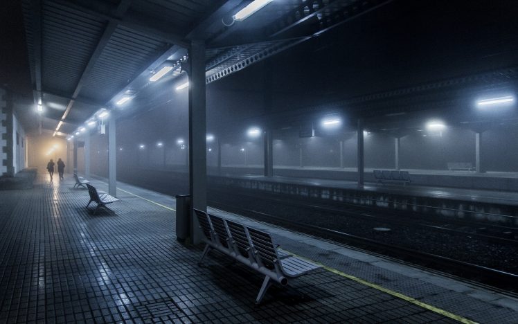 urban, Train station, Lights, Railway, People, Bench, Blue, Mist, Spain, Night HD Wallpaper Desktop Background