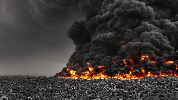 tires, Burning, Fire, Smoke, Pollution, Environment, Selective coloring, Disaster HD Wallpaper Desktop Background