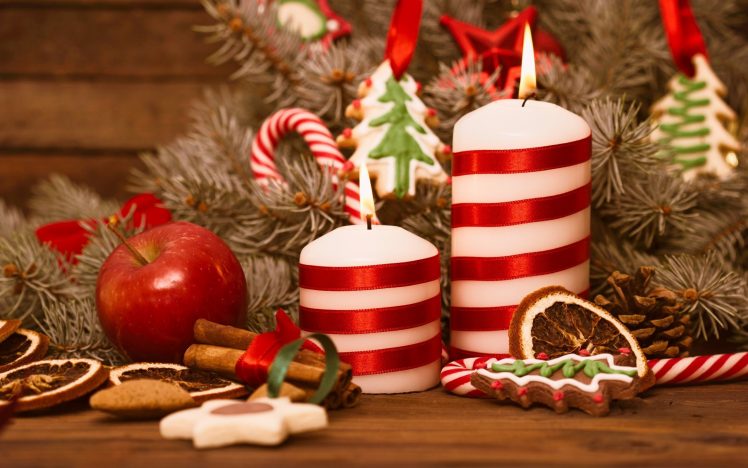 Christmas, Candles, Treats, Apples HD Wallpaper Desktop Background