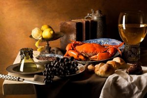crabs, Food, Grapes, Lemon, Bread, Wine, Books