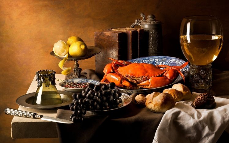 crabs, Food, Grapes, Lemon, Bread, Wine, Books HD Wallpaper Desktop Background