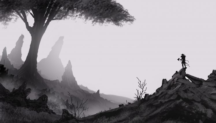 monochrome, Axe, Trees, Mist HD Wallpaper Desktop Background