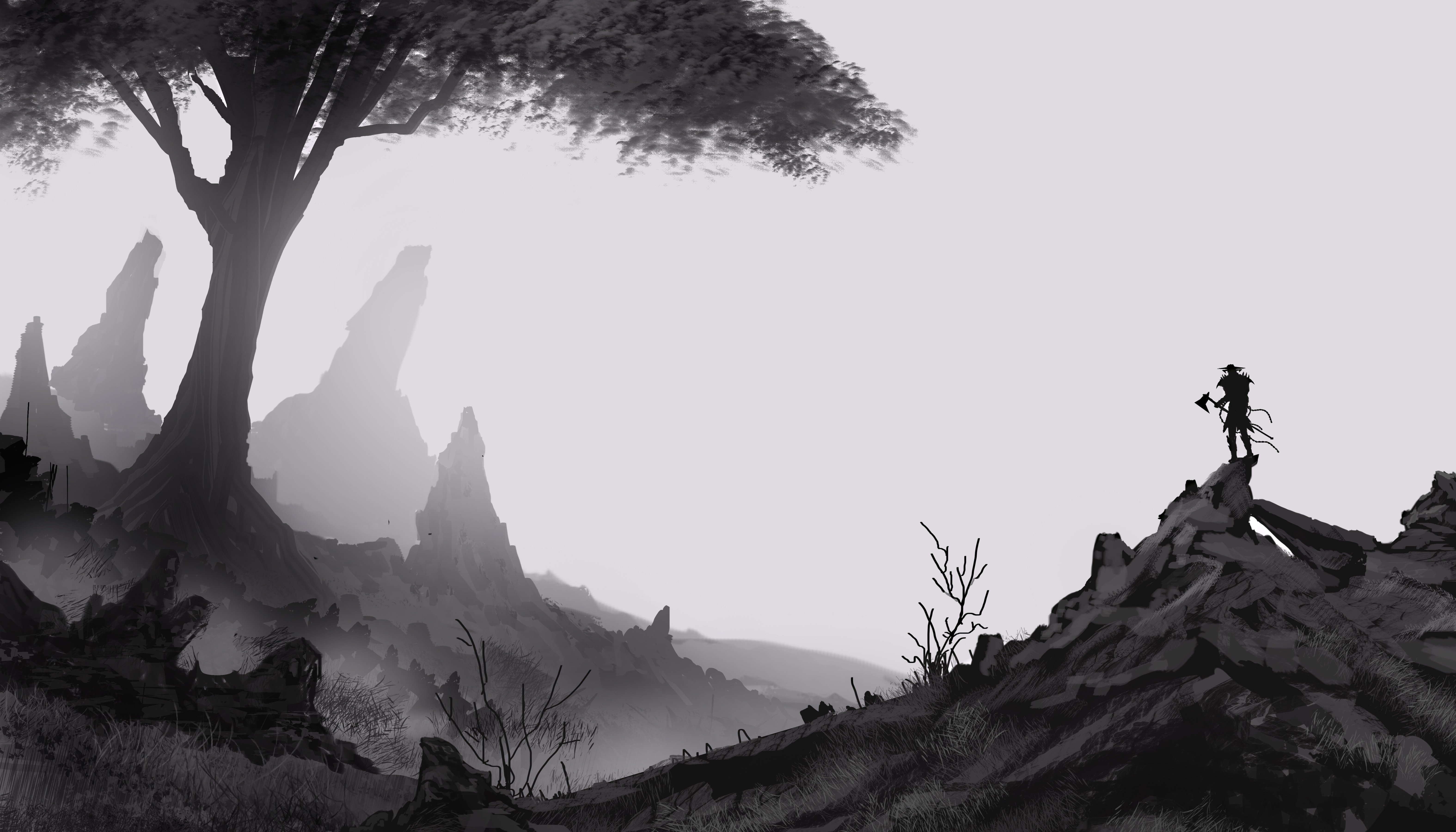 monochrome, Axe, Trees, Mist Wallpaper