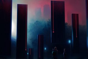 pillar, Structure, Red, Black, Cyberpunk