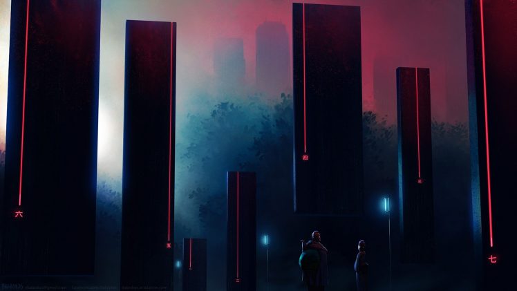 pillar, Structure, Red, Black, Cyberpunk HD Wallpaper Desktop Background