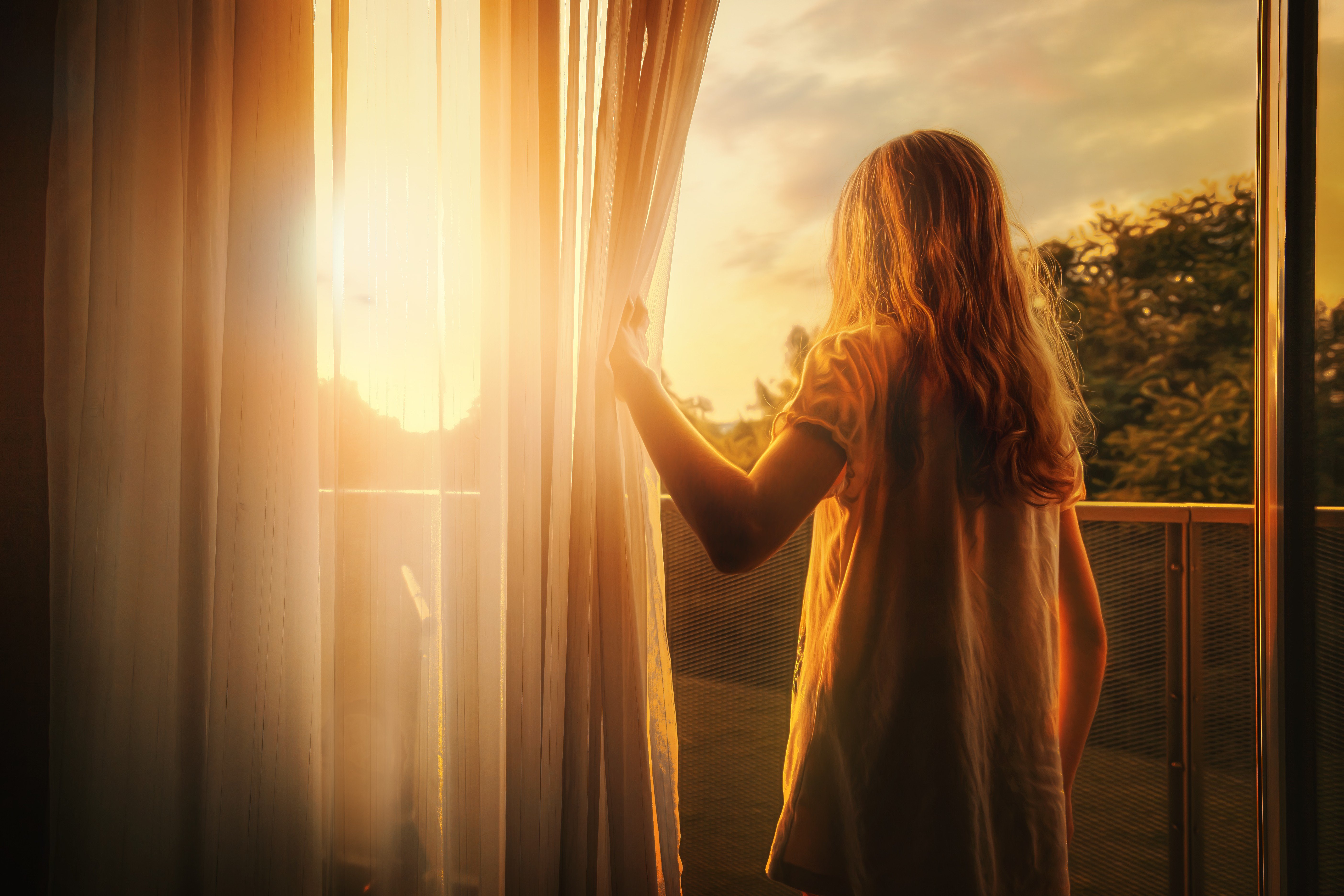 children, Sun, Morning, Curtains Wallpaper