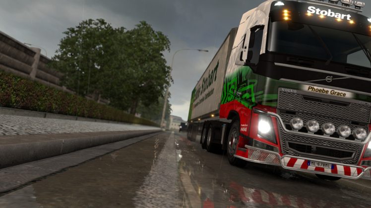 Euro Truck Simulator 2, Rain, Reflection, Truck, Lorry, Trees, Volvo FH16 HD Wallpaper Desktop Background