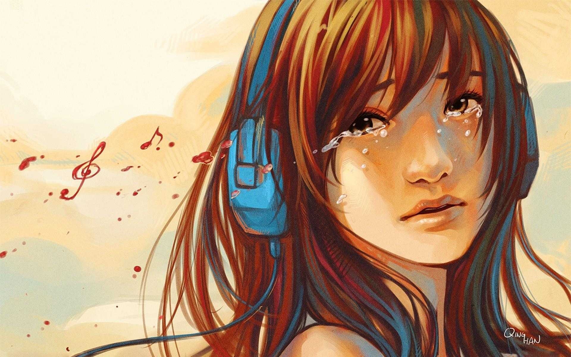sadness, Headphones, Music Wallpaper